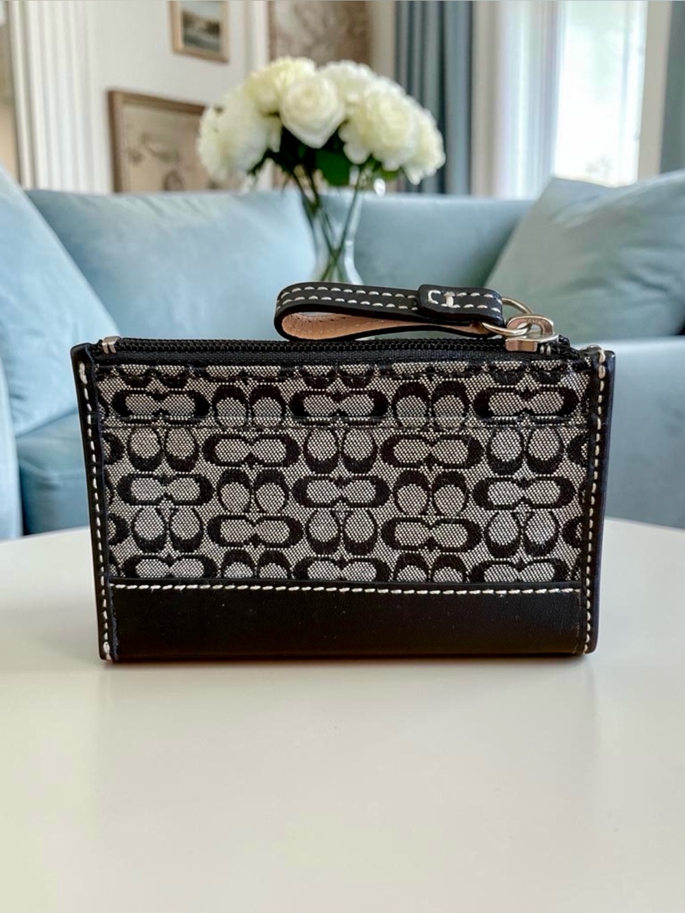 COACH Mini Skinny Coin ID Case Small Signature C Key Ring (Black/Gray) - Picture 3 of 4